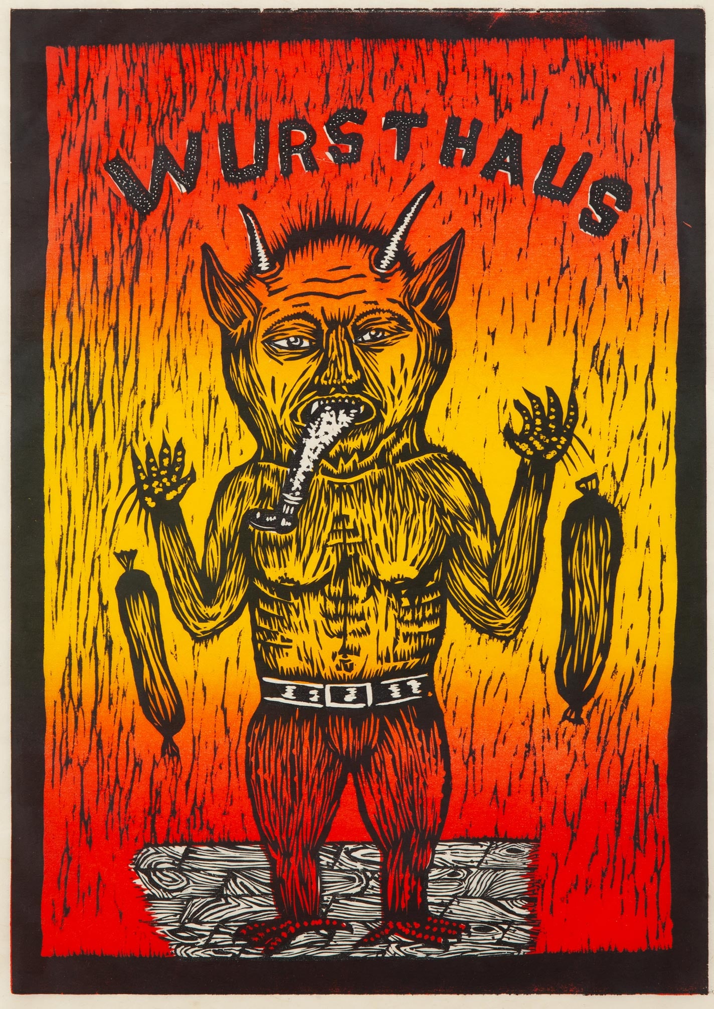Fred Stonehouse, Wursthaus, 2013, Woodcut, Edition 8/13, Signed, Framed: Fred Stonehouse (American, b. 1960) is a Milwaukee-born painter and printmaker whose work draws on the Wisconsin tradition of tall tales and folkloric storytelling. His invented cast of characters - h