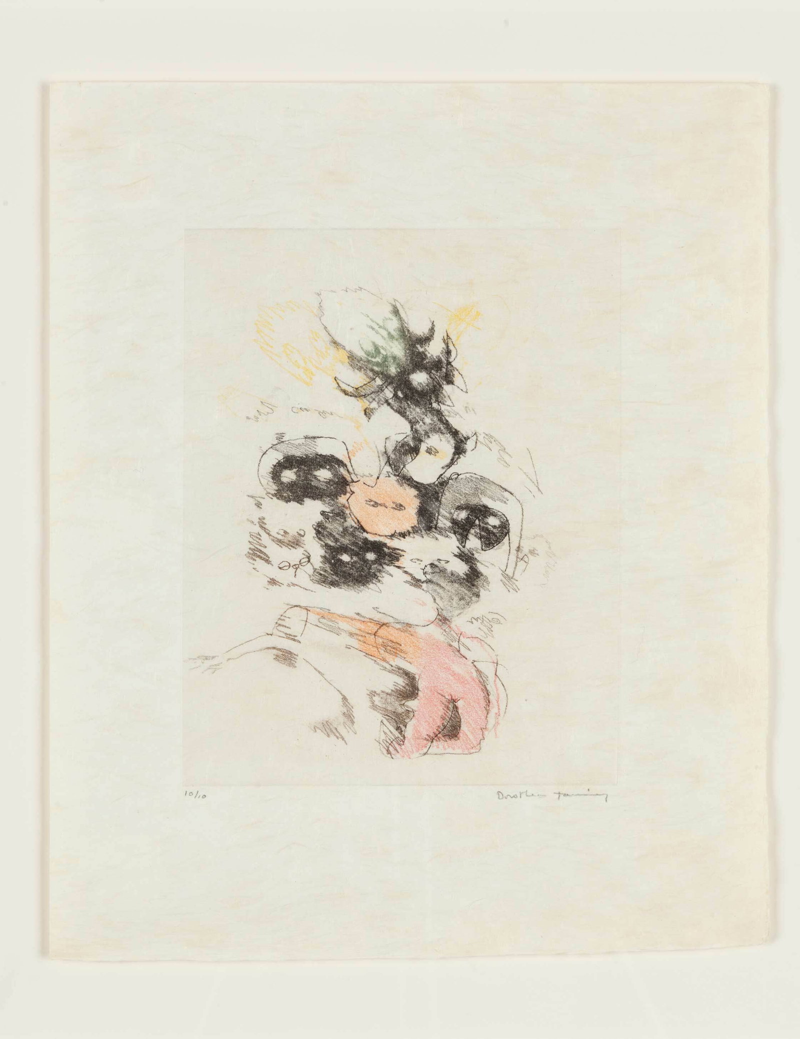 Dorothea Tanning, Personne No. 3, 1962, Color etching on Japan paper, Edition 10/10, Signed, Framed: Dorothea Tanning (American, 1910-2012), initially associated with the Surrealist movement, developed a personal visual language that blurred the boundaries between reality and the subconscious. Her wo