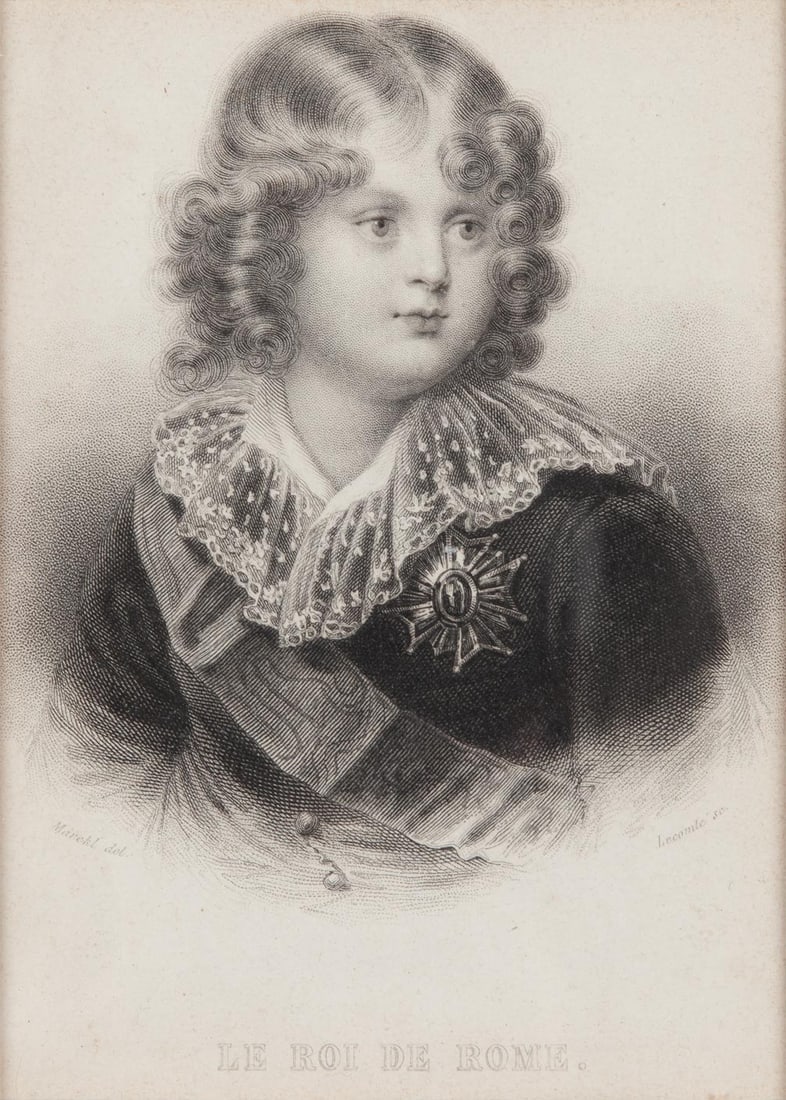 Marckl (Engraved by LeComte), Le Roi de Rome, 1839, Etching on paper, Framed: "Le Roi de Rome" - the King of Rome - was the title given to Napoleon II (1811-1832), son of Napoleon I and Empress Marie Louise. This 1839 etching, produced after a composition by Marckl and engraved