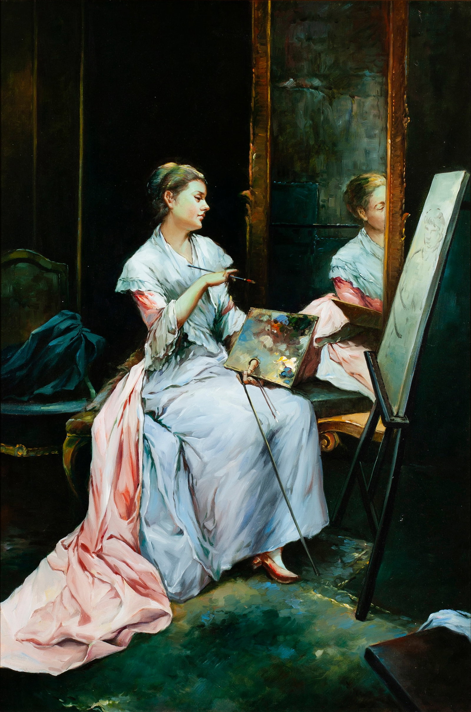 Unknown artist, Woman At Easel, Contemporary handpainted copy, Oil on canvas: This contemporary handpainted copy is an academic oil painting depicting an elegantly dressed woman seated at an easel in a richly appointed interior, her pale blue gown rendered with careful attentio