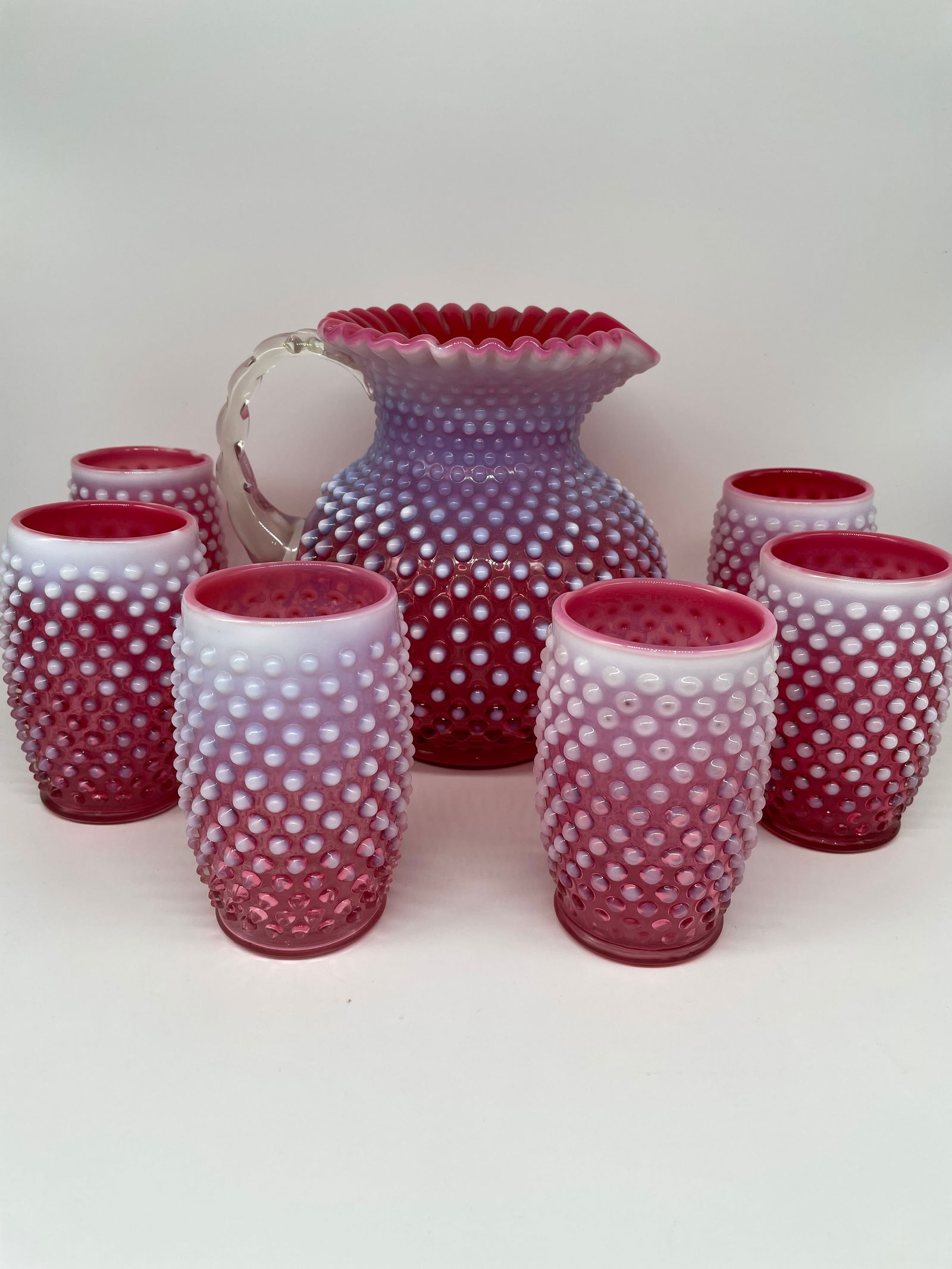 8" tall Fenton Hobnail cranberry pitcher w/6 glasses (1 of 14)