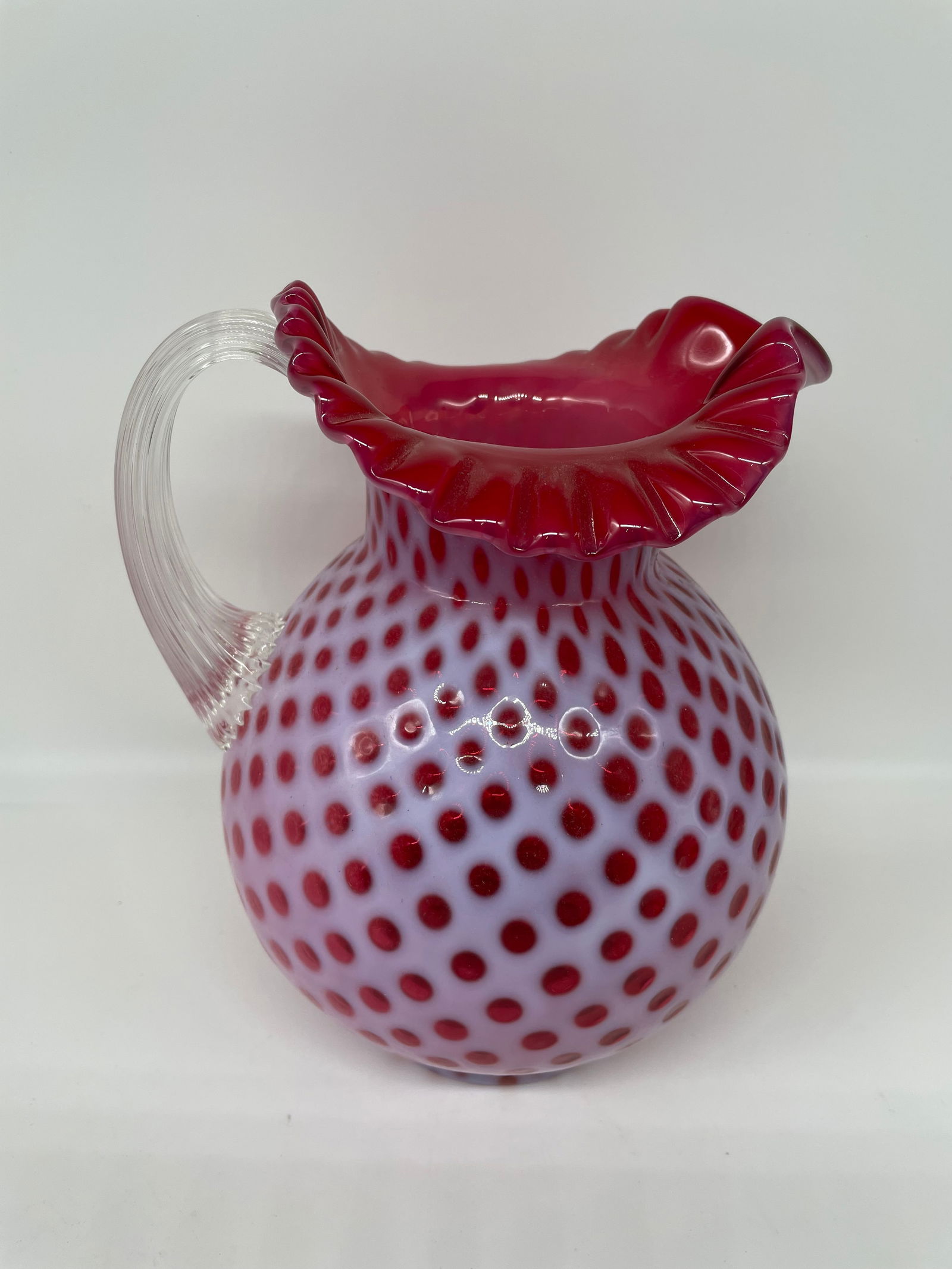 9" tall Fenton Cranberry Ribbon top Coin Dot Pitcher (1 of 7)