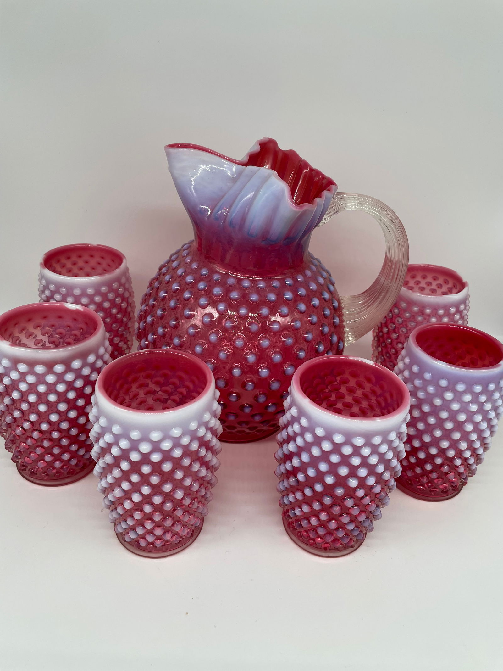 Fenton Hobnail Cranberry pitcher w/6 glasses (1 of 16)