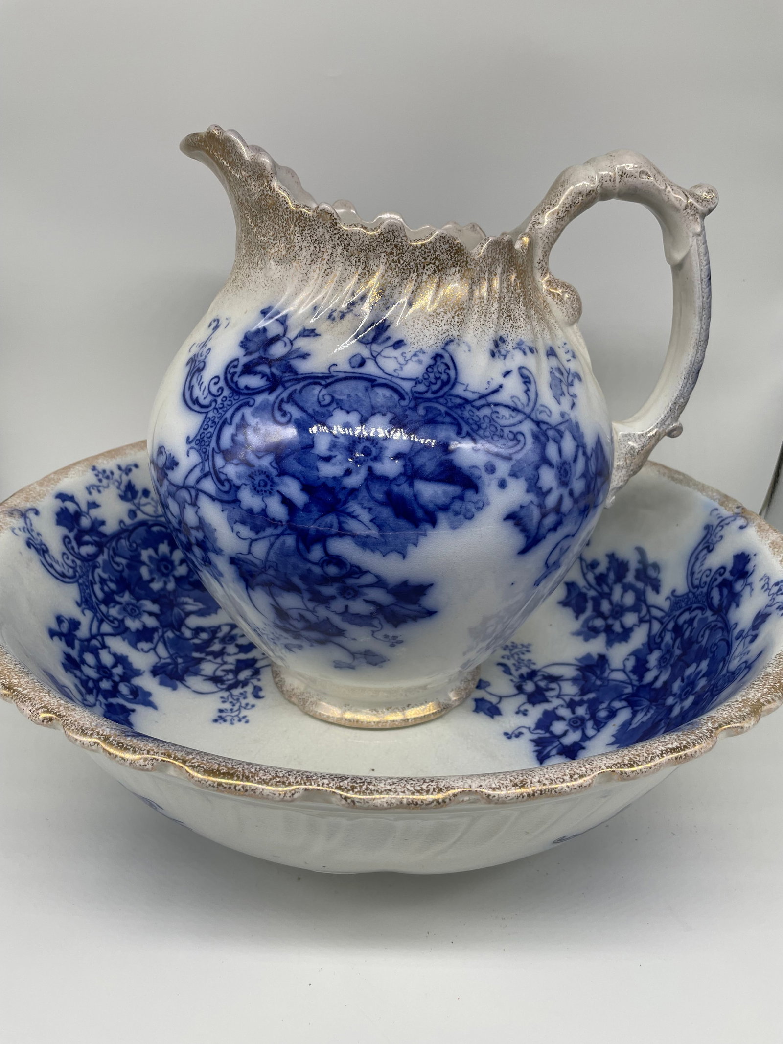 1880's C&H Tunstall "Brooklyn" Flow Blue Pitcher and Bowl (1 of 17)