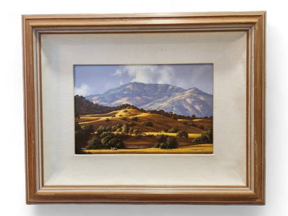 Landscape Painting by Dave De Matteo: David De Matteo (American, b. 1941), "Summer in the Santa Inez," oil on board. 14.5" wide x 9.5" tall painting in a 24" wide x 19" fabric matted wood frame