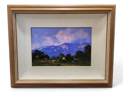 Landscape Painting by Dave DeMatteo: David De Matteo (American, b. 1941), oil on board. Looks to be a night scene 14.5" wide x 9.5" tall painting in a 24" wide x 19" fabric matted wood frame