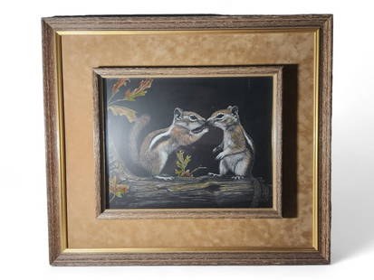 Scratchboard Art "Serious Conversation" Chipmunks: Scratchboard Art "Serious Conversation" 2 Chipmunks*Artist: Deborah Liszt*13.5" wide x 11" tall painting in a 23.5" wide x 20.5" tall wood frame*Back of frame has brown paper with minor tear on back