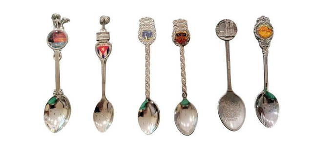 Souvenir Spoons: Group of Six Souvenir Spoons: FIJI Island, Cuba, Foroyar, Belgique, West Minster Abbey, Badlands National Park.