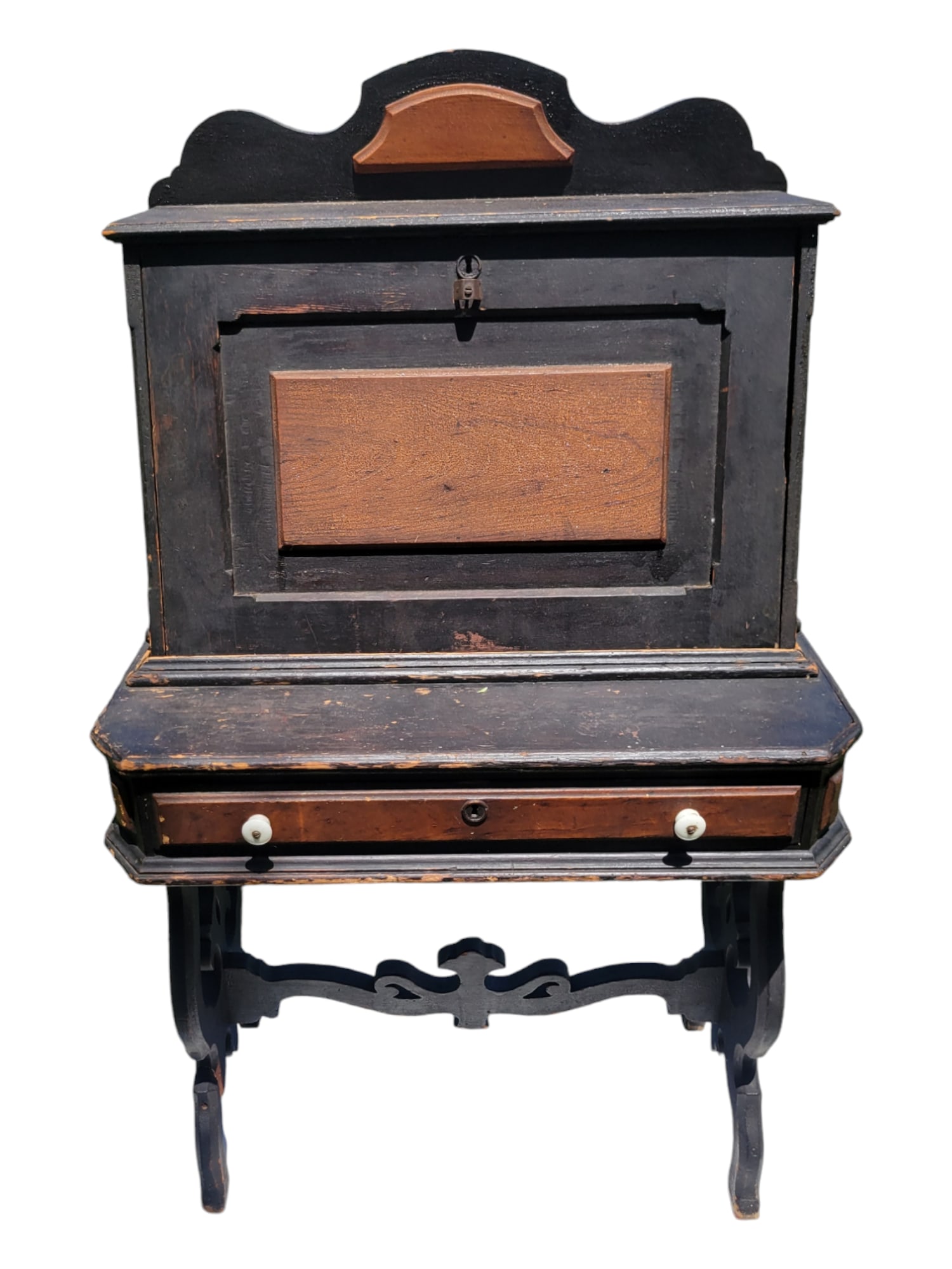 Butlers Secretary Ebonized: This is a early 1800's Butlers Secretary. It has been ebonized. The lacquer on this piece has bubbled and needs to be brought back to life. The drawer are attached with hand forged nails.