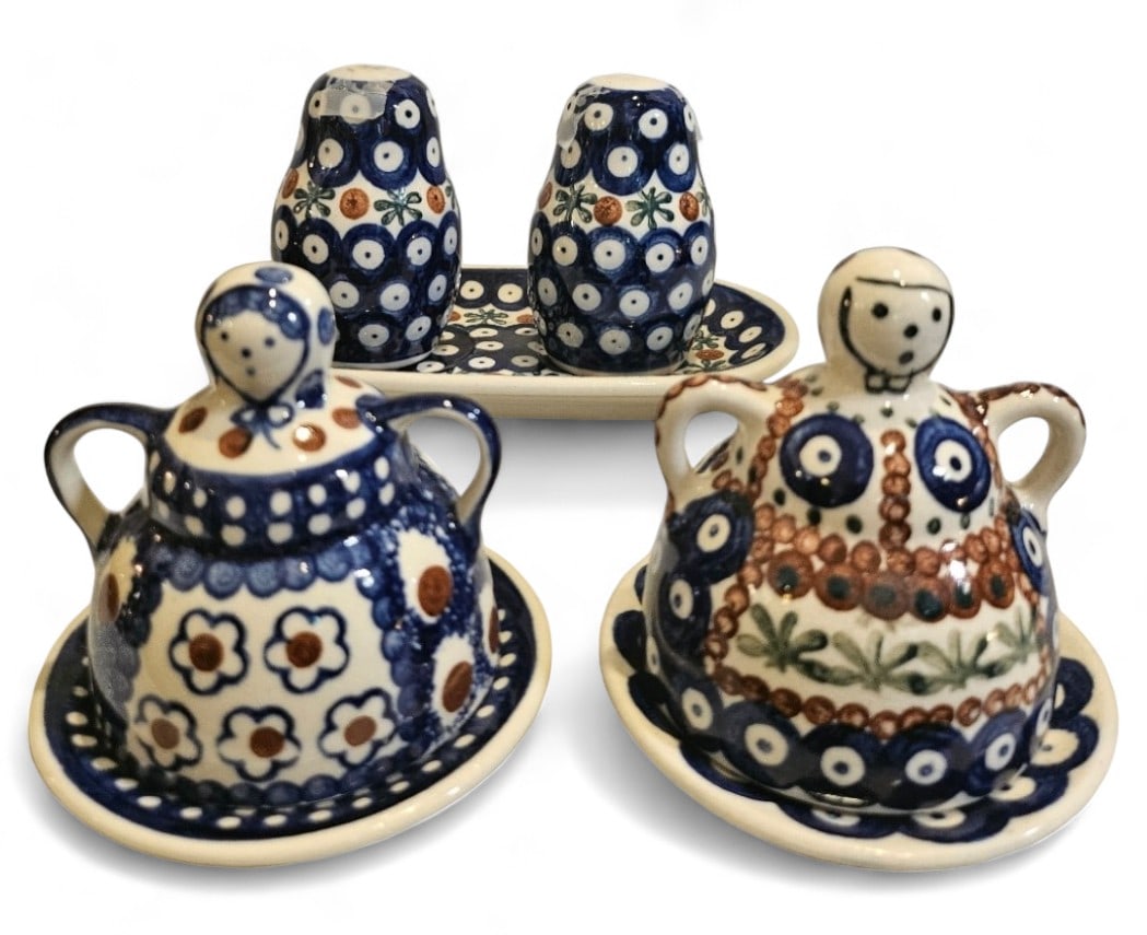 Polish Pottery & Boleslawiec Stoneware: The grouping includes 2 Mini Cheese Ladies, and one salt and pepper set. Ladies are 3.75 Height, and Tray for salt and pepper is 7" wide.