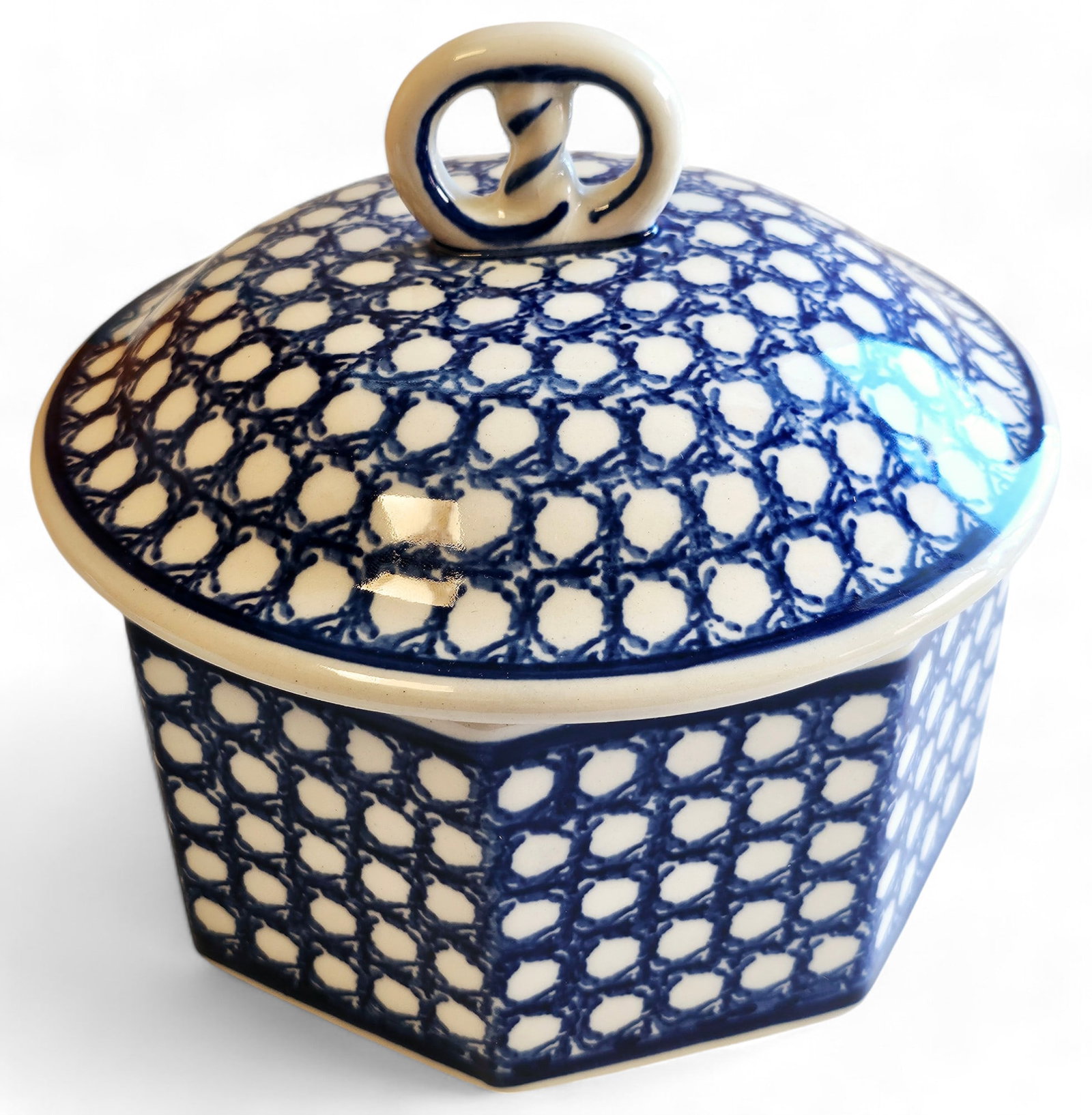 Polish Pottery Octagon Pretzel Box: Polish Pottery Octagon Pretzel Box. 6.74 Height x 6.5 Wide