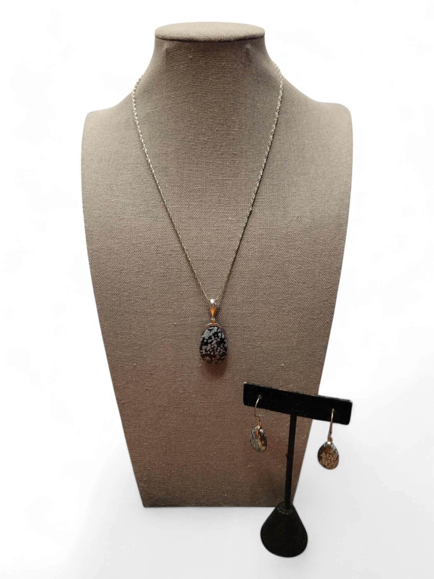 Snowflake Obsidian Necklace Pendant & Earrings: Snowflake Obsidian Necklace Pendant & Earrings Length of necklace is 18"