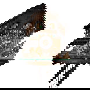 Black Forest Cuckoo Clock Hones: Vintage German Black Forest cuckoo clock by Hones. It has quite a few moving parts. The lumberjack chops wood. The villagers spin around the top. Watermill spins. It plays the song Edelweiss it's a