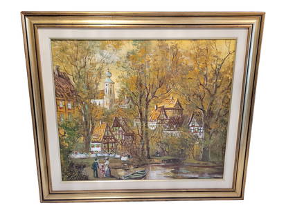 H. King Landscape w/ Villagers Oil on Canvas: H. King Landscape w/ Villagers Oil on Canvas. Very good quality painting. Seems to be a european scene with people in a park. Width 30.25" x Height 26"