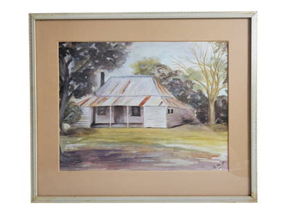 Watercolor Painting Old Post Office: This watercolor is labeled on the back " Old Post Office Residence Quindalup WA." The painting seems to be painted by Rosalie Mills. It is signed in the bottom right corner RMM on the front too. WA