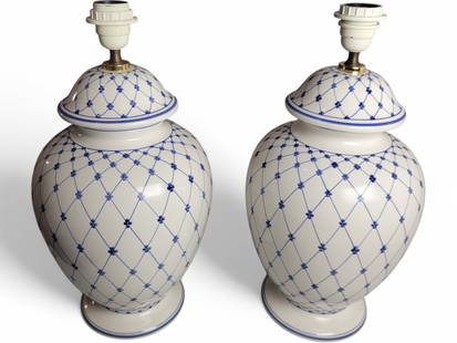 Pair of Nove Z.A. White & Blue Porcelain Table Lamps, Italian: These Nove Z.A. white & blue porcelain table lamps are signed on the bottom in Italian. These are very nice quality lamps dating from the 1970's - 1980's. These are handmade. Height 17" x Width 9"