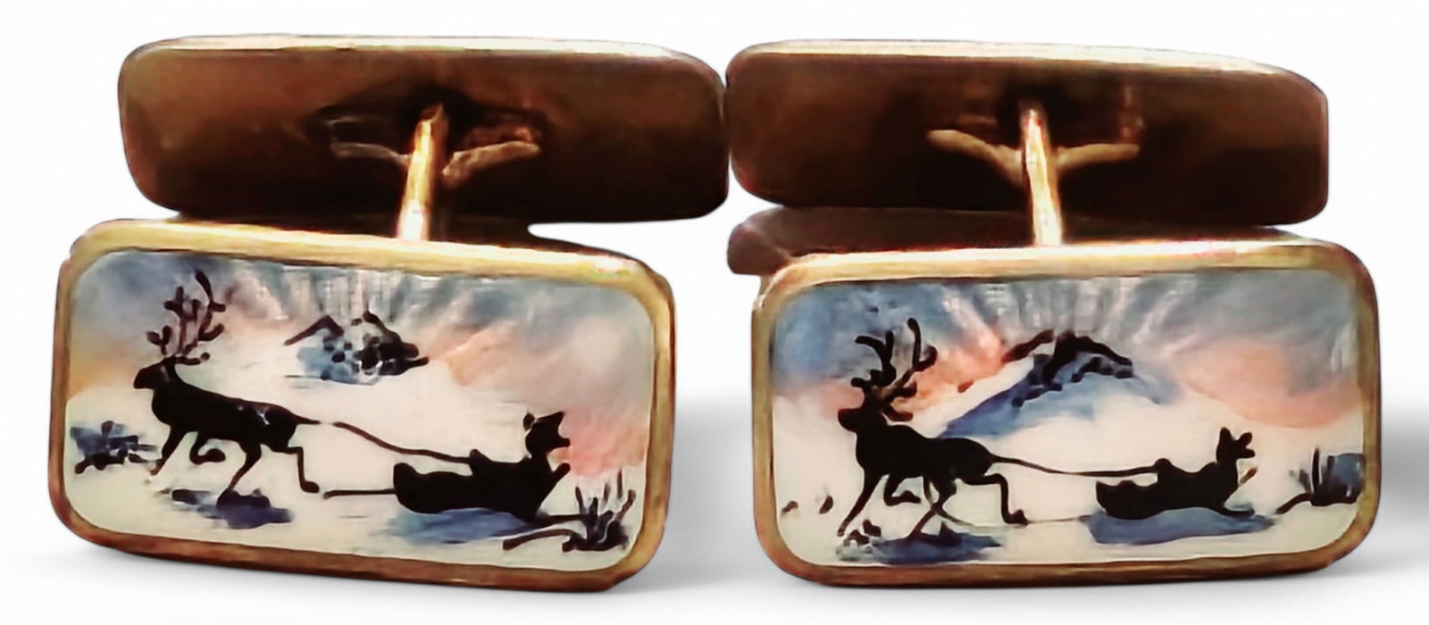 Vintage Norwegian Reindeer & Sled Sterling Silver Enamel Cufflinks (1 of 2)