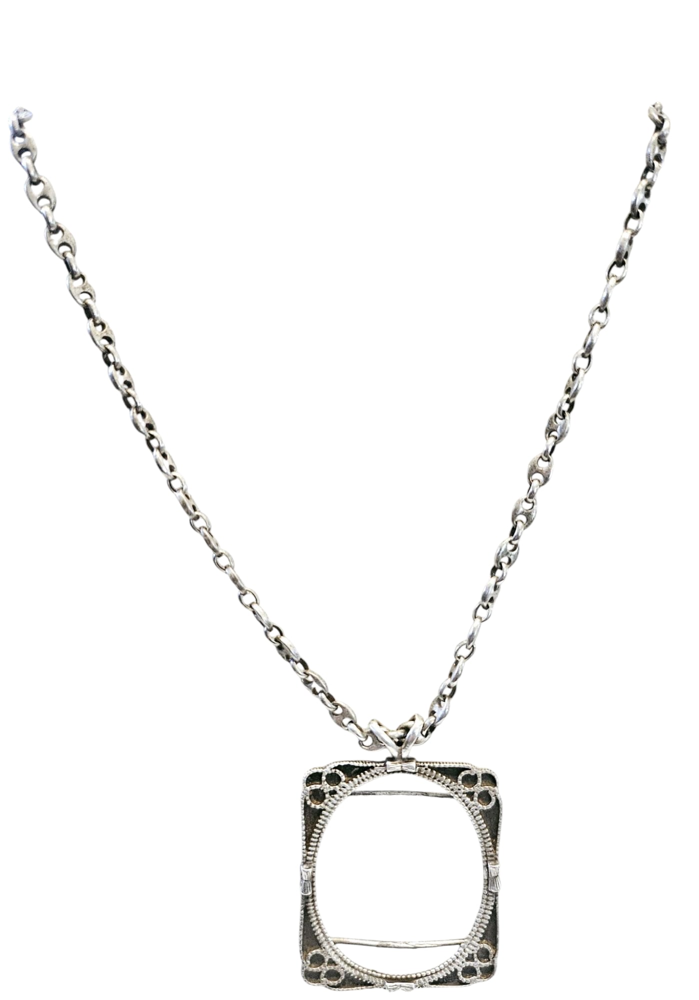 Sterling Silver Necklace w/ Sterling Frame Pendant: Sterling Silver Necklace w/ Sterling Frame Pendant. This necklace doesnt have a clasp. It is stamped M.M. and str for sterling.