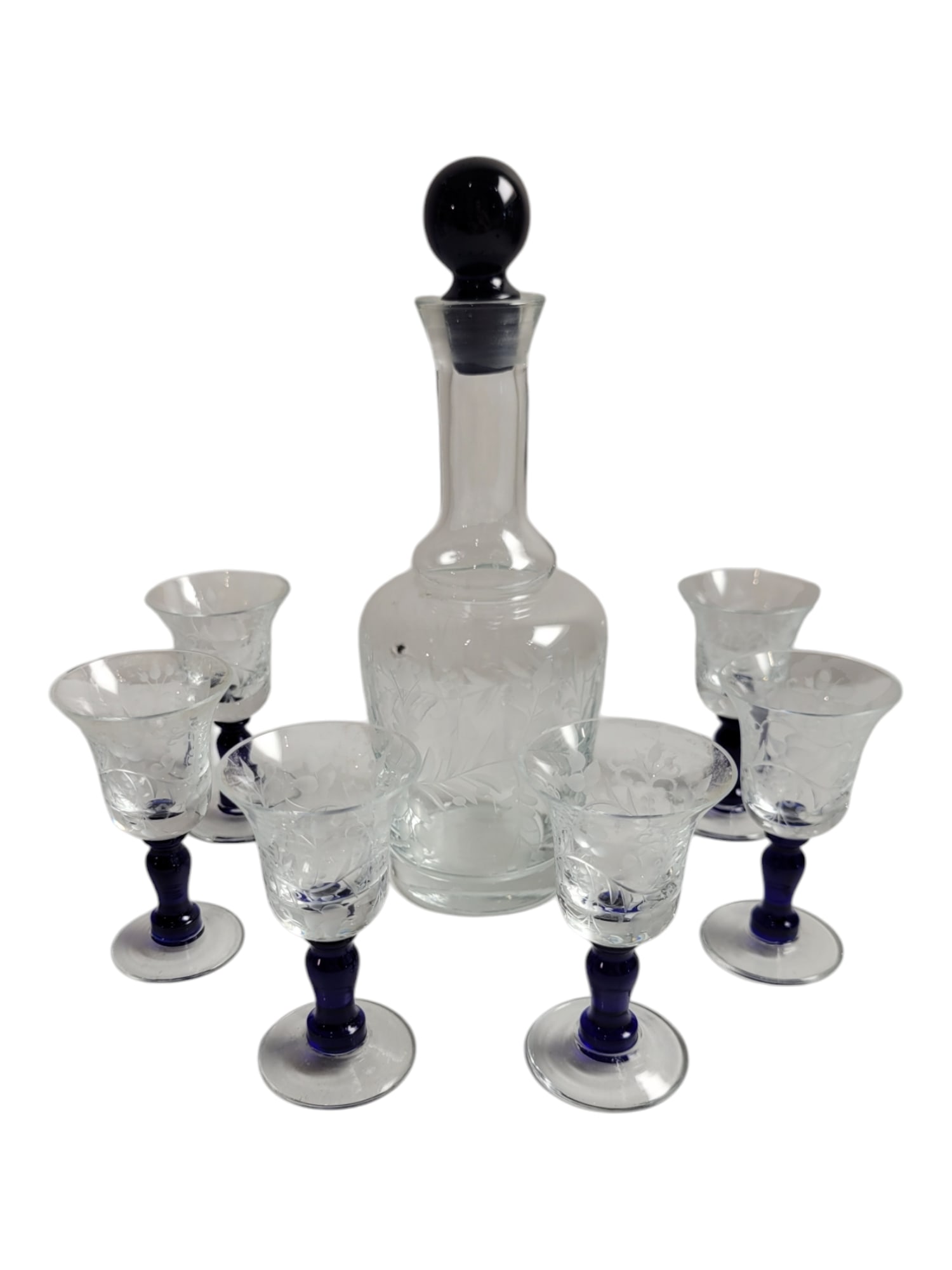 Etched Glass Decanter and Glasses: The cobalt blue in these glasses are intense and would complaint any dinner party. Glasses are 3.75" High and Decanter is 8" High