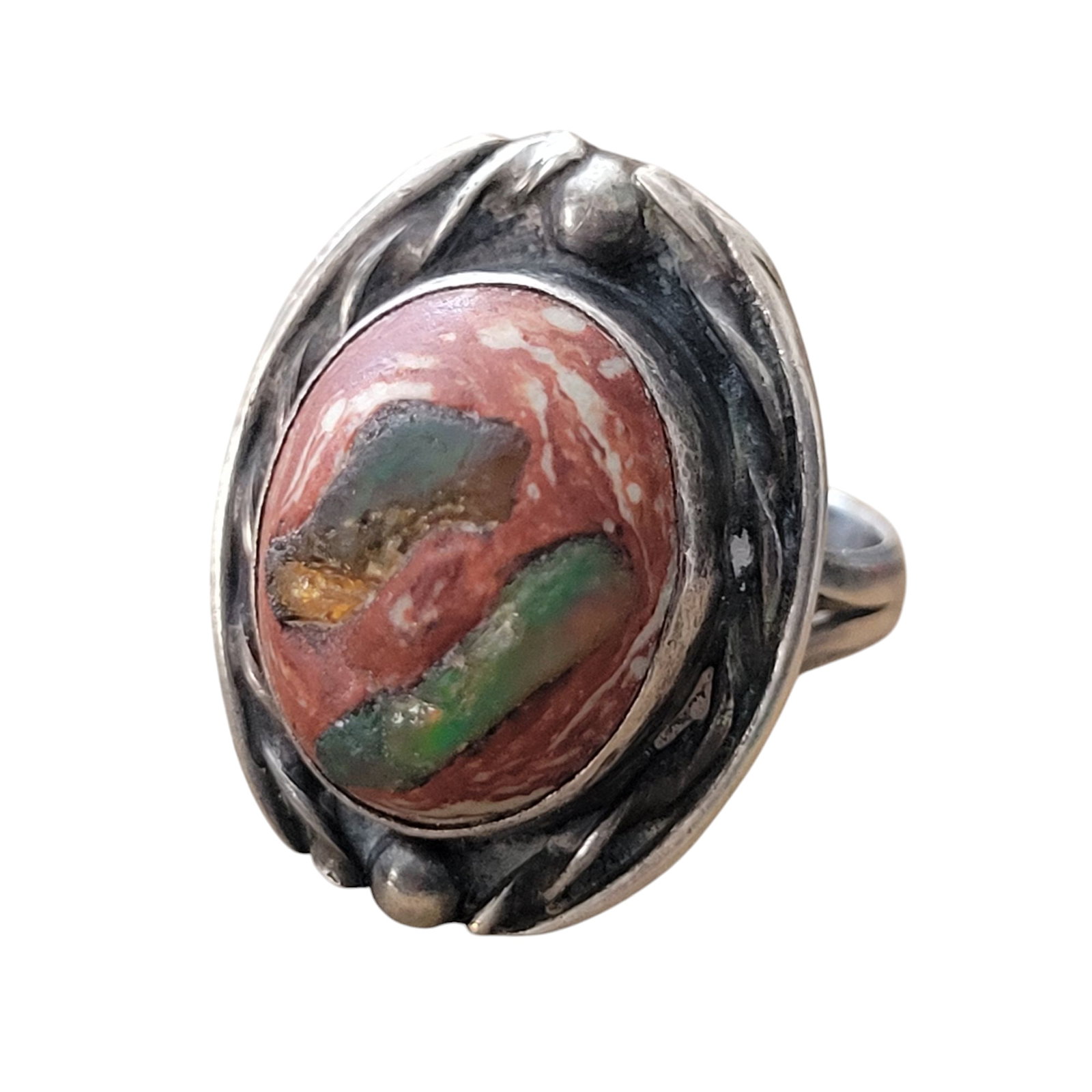 Sterling Inlaid Glass & Calsilica Ring Size 5.75: Sterling Inlaid Glass & Calsilica Ring Size 5.75
