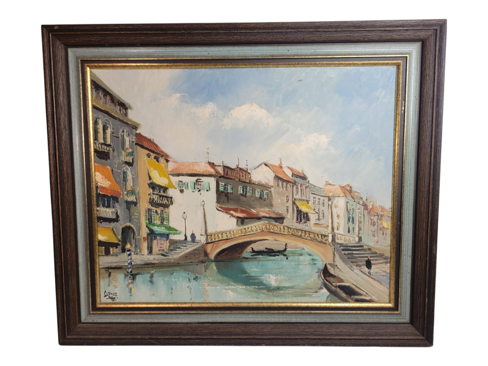 Venetian Canal Scene Painting Oil on Canvas: Venetian Canal Scene Painting Oil on Canvas. This is estimated to be from the 1950's. It is signed illegibly in the lower left corner. Very well detailed scene. The back of the canvas has something wr