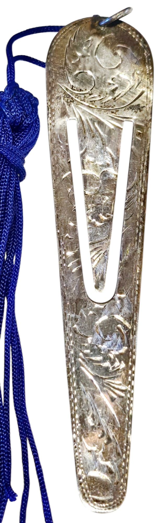 Sterling Silver Bookmark w/ Blue Tassel: Sterling Silver Bookmark w/ Blue Tassel. The bookmark is 4" tall.