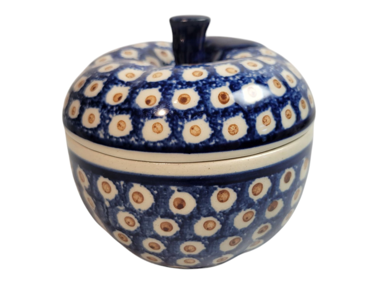 Polish Pottery Apple Lidded Container: Polish Pottery Apple Lidded Container. Height 4.5" x Width 4.75"