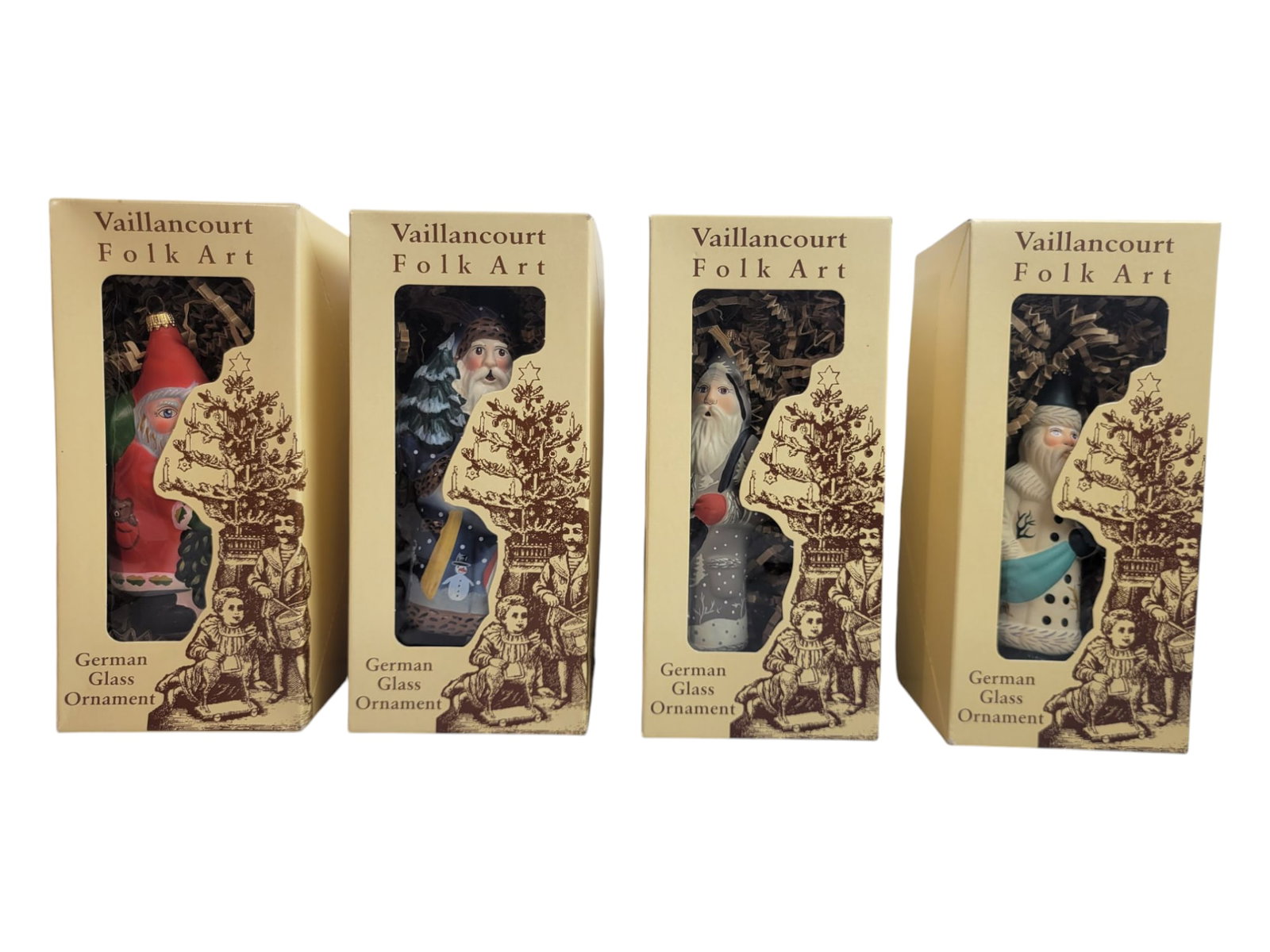 4 Vaillancourt Folk Art Ornaments: Group of 4 Vaillancourt Folk art ornaments in original boxes. These seem to be unused in great condition.
