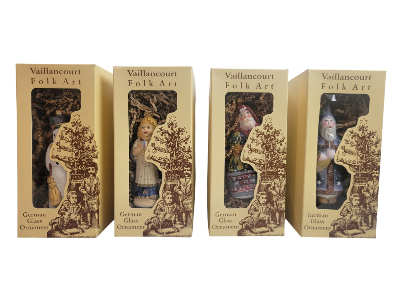 4 Vaillancourt Folk Art Ornaments: Group of 4 Vaillancourt Folk art ornaments in original boxes. These seem to be unused in great condition.