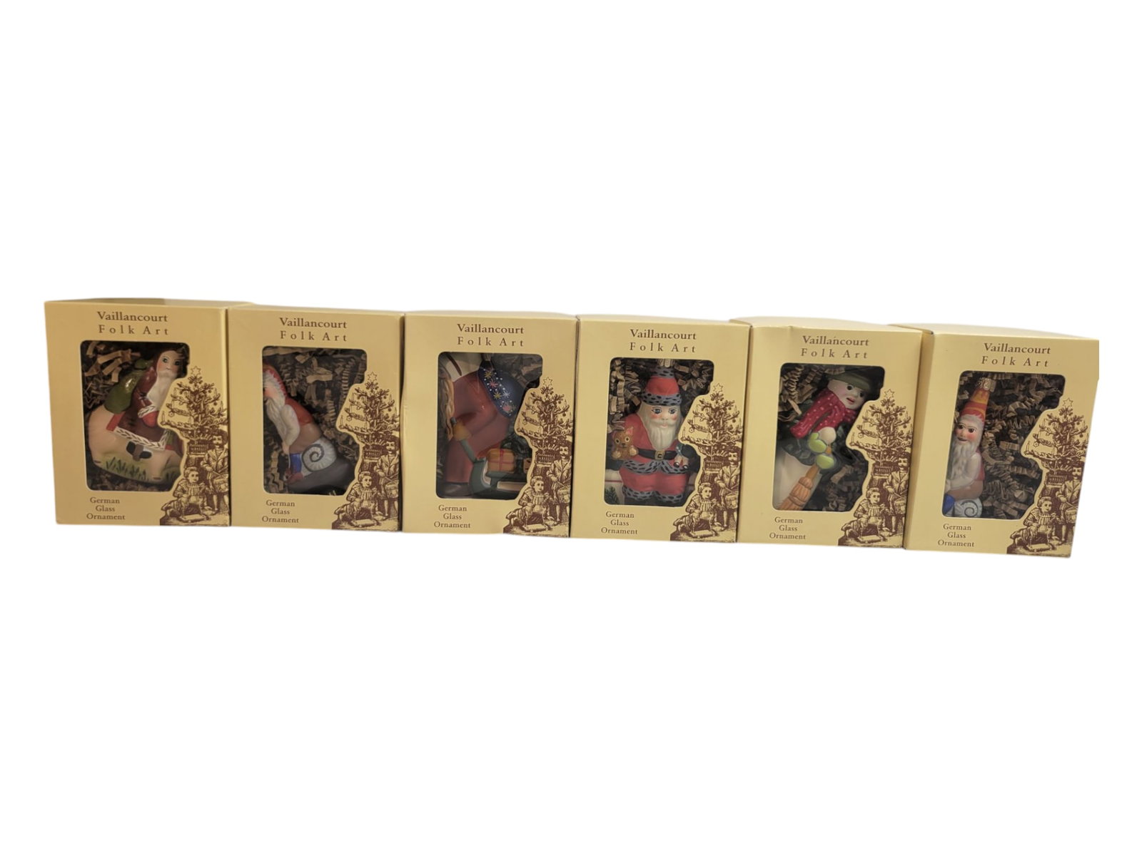 6 Small Vaillancourt Folk Art Ornaments: Group of 6 small Vaillancourt Folk art ornaments in original boxes. These seem to be unused in great condition. Santa on pig, F.C. On Snail, Faster Santa Faster, Santa on Moon, Snowlady, and F.C. on S