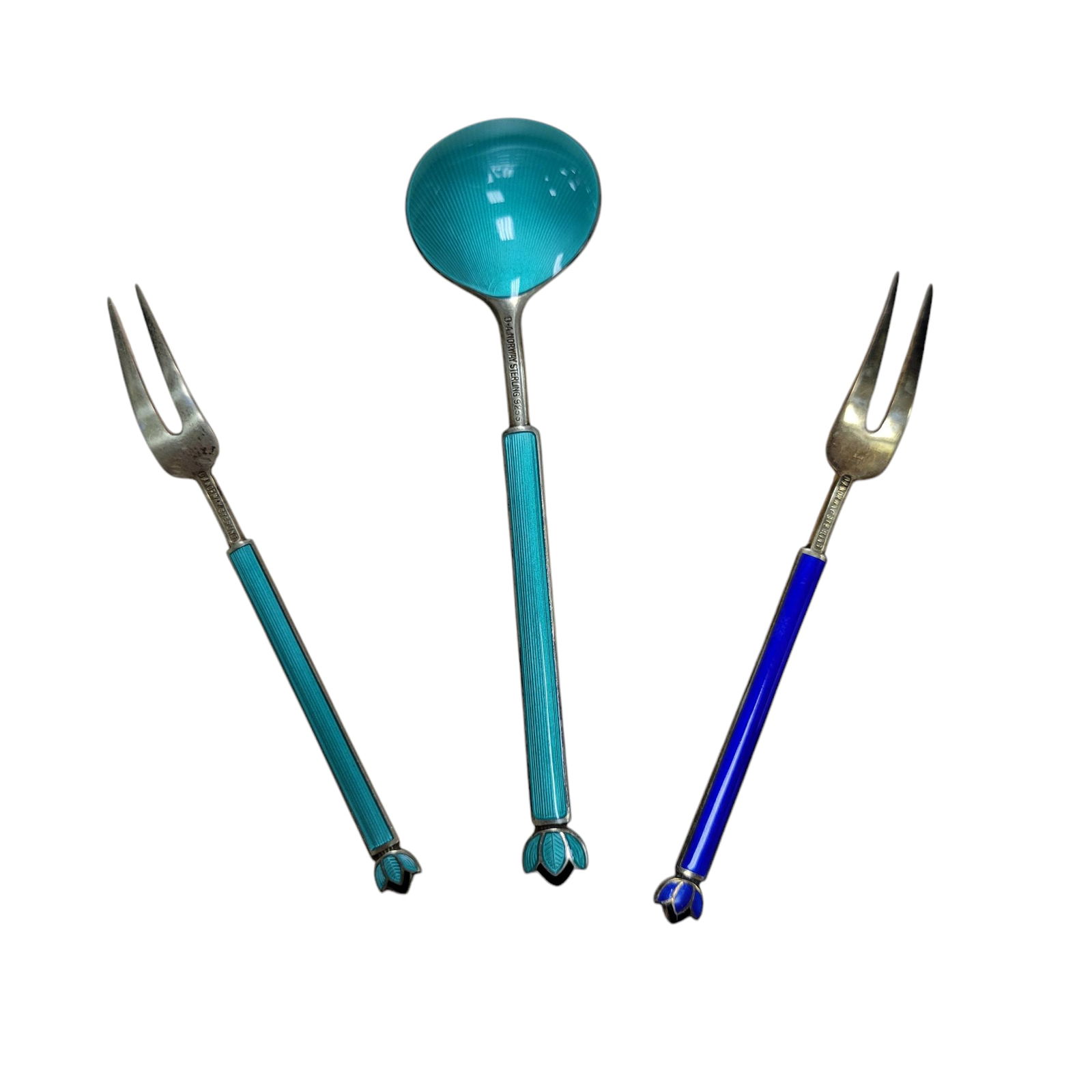 David Anderson Enameled Spoon & Lemon Fork: David Anderson Enameled Spoon & Lemon Fork. Turquoise and cobalt blue finish these are lovely utensils. Grams 41