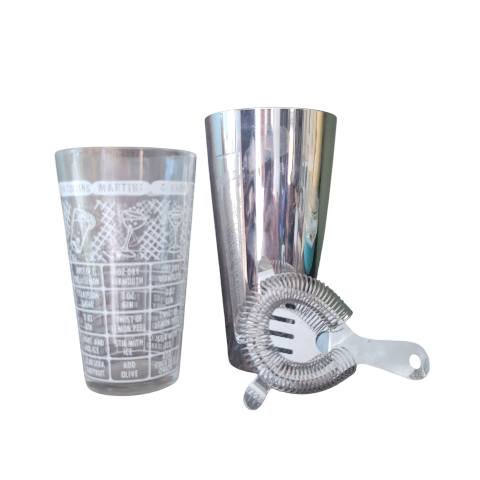 Mid Century Federal Glass Cocktail Shaker & Strainer: Mid Century Federal Glass Cocktail Shaker & Strainer