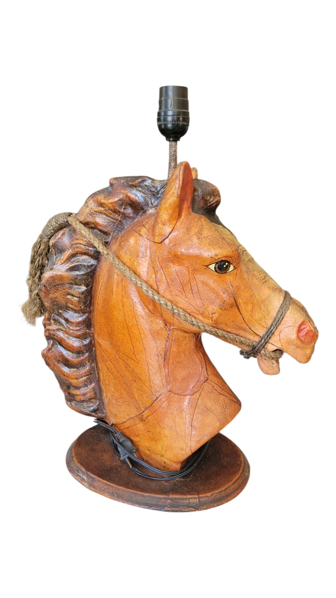 Vintage Hand Molded Leather Stallion Horse Bust Lamp: Vintage Hand Molded Leather Stallion Horse Bust Lamp. Height 19.5" 16" Deep 8" Wide
