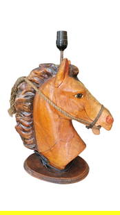 Vintage Hand Molded Leather Stallion Horse Bust Lamp: Vintage Hand Molded Leather Stallion Horse Bust Lamp. Height 19.5" 16" Deep 8" Wide