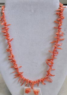 Salmon Color Branch Coral & Earring Set: Salmon Color Branch Coral & Earring Set. The necklace measures 18" and unmarked gold clasp. Earrings are salmon coral as well and marked 14kt gold.