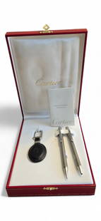 Must De Cartier Pen & Pencil Gift Set: Must de Cartier authentic Stainless Steel ballpoint pen, mechanical pencil and leather embossed keychain in original box make the perfect gift set for the busy executive. Pen and pencil have the