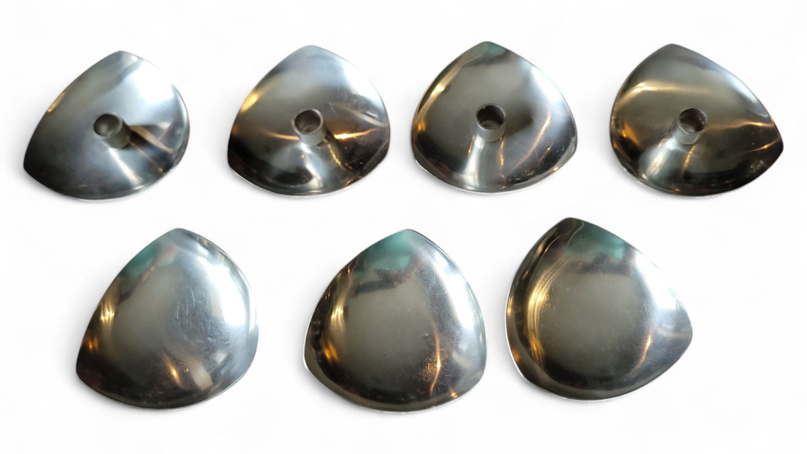 Denmark Metal Candle Holders Stainless Steel Triangle: Denmark Metal Candle Holders Stainless Steel Triangle Four candle holders and 3 dishes.