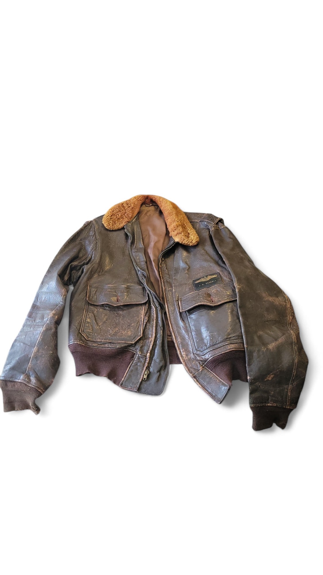1970's Leather Flight Bomber Jacket: 1970's Leather Flight Bomber Jacket. Zipper does still function does show wear constant with use in the times.
