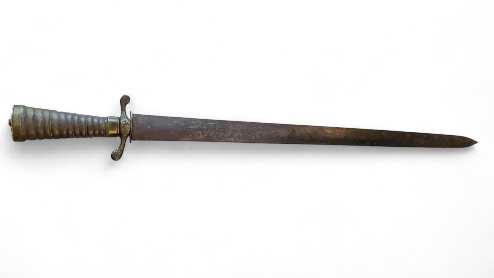 Short Sword / Hunting Cutlass: This sword seems to be hand crafted could be revolutionary war time frame. The blade does show fighting damage with nicks in the blade. This was a battle field sword. On the blade it is marked J4J4 wi