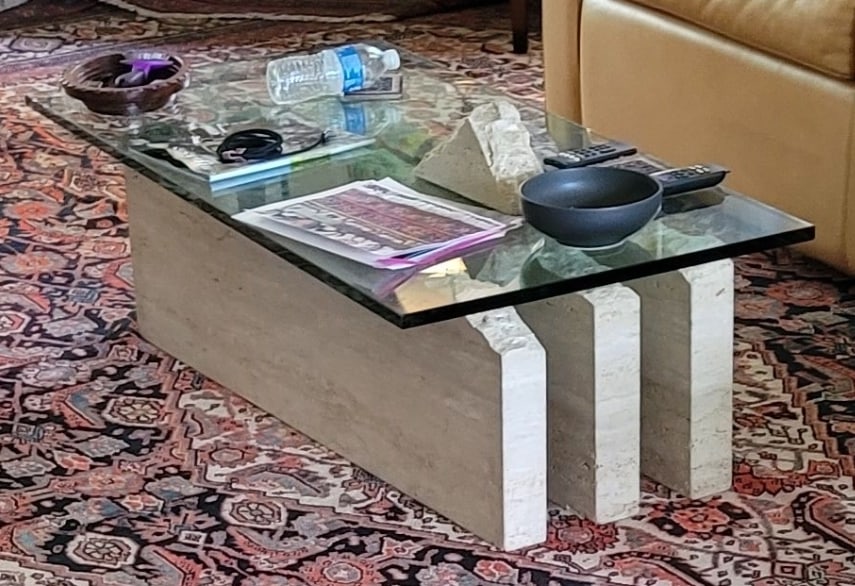 Vintage Travertine Mountain's Coffee Table: Vintage Travertine Coffee Table looks like mountain top's. There is a piece that sits on top to complete the mountain feel. Width 48" Depth 22"