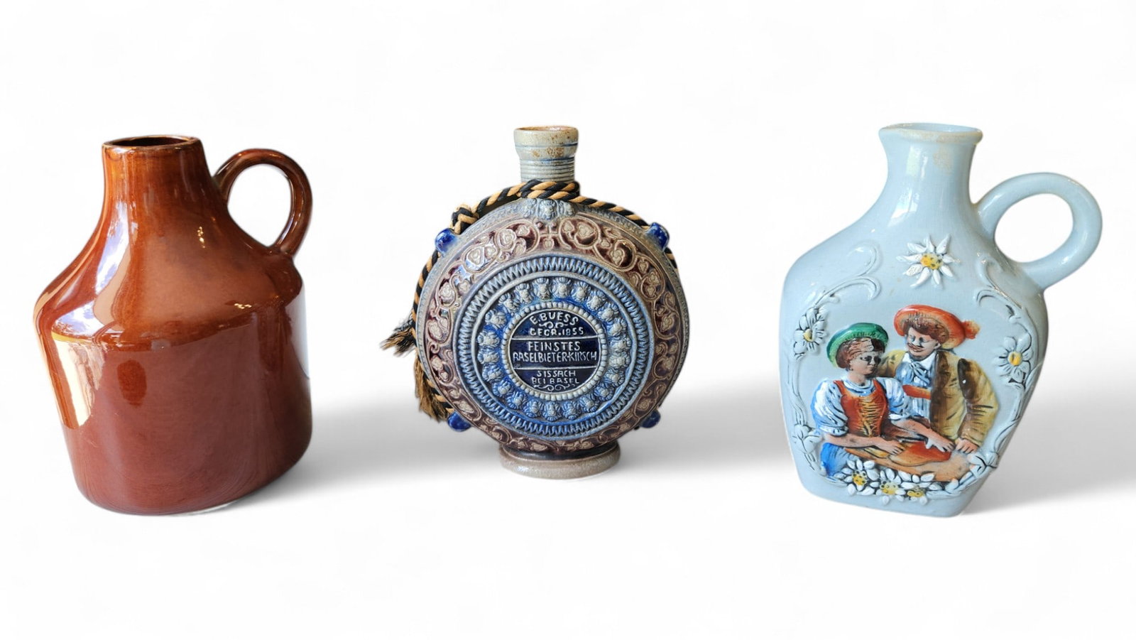 Ceramic Glazed Decanters: Salt Gazed brown whiskey jug, Vintage Swiss E. Buess Majolica Decanter, West German Hand painted decanter.