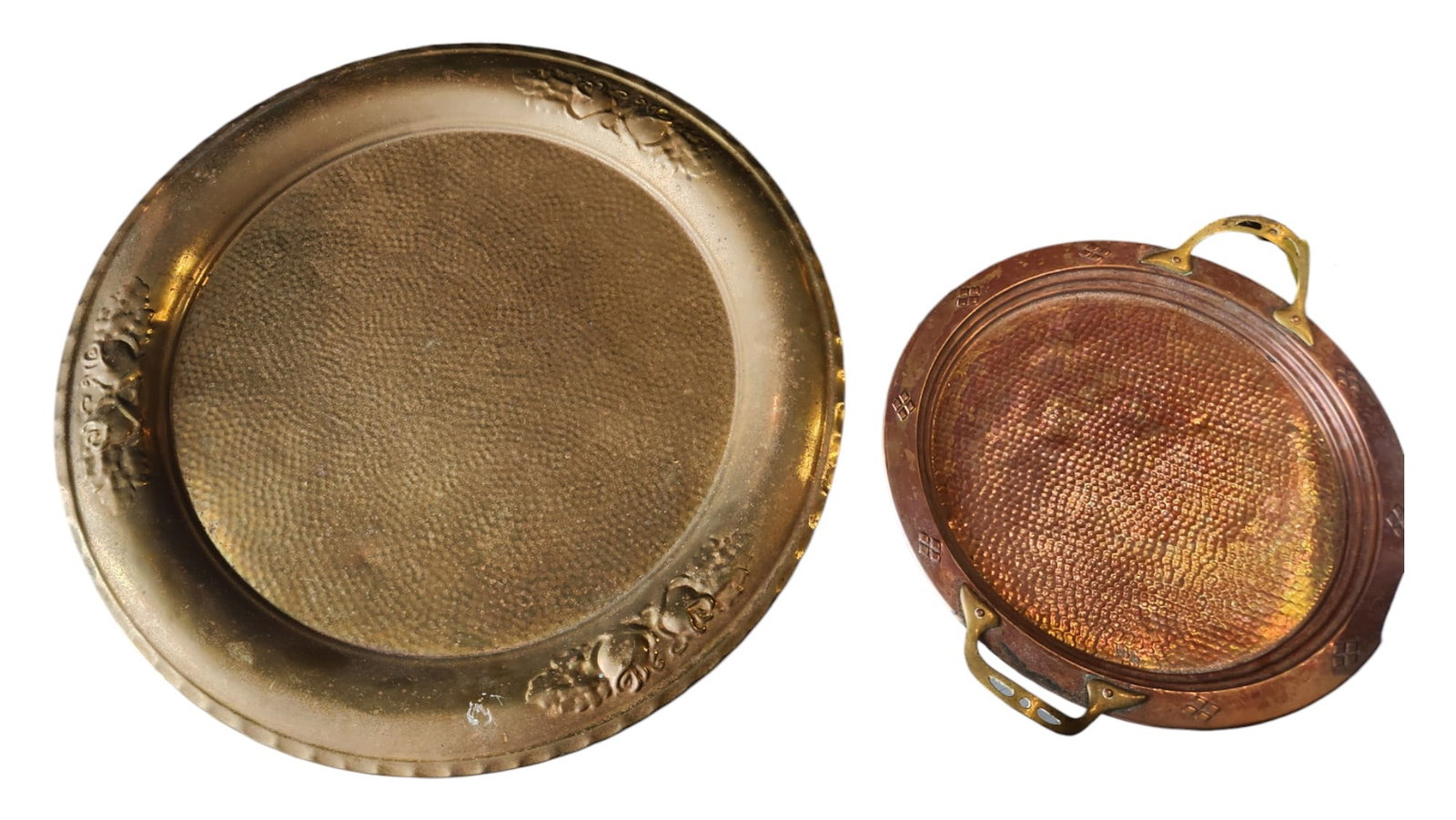Larger Copper Charger & Brass Charger: Larger Copper Charger & Brass Charger. Both of these hand hammered.