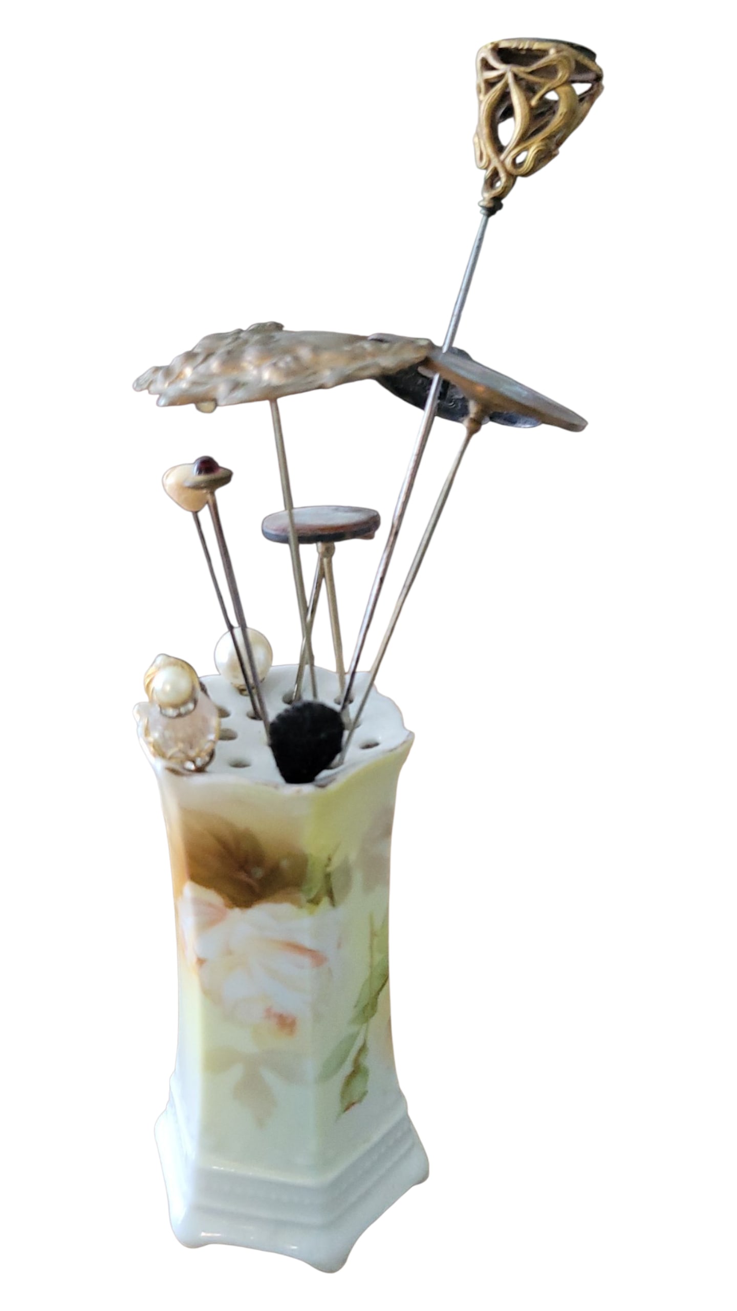 Antique Hat Pins w/ Porcelain Holder: Antique Hat Pins w/ Porcelain Holder
