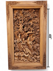 Hand Carved Teak Relief Panel, Indonesia Jungle Scene