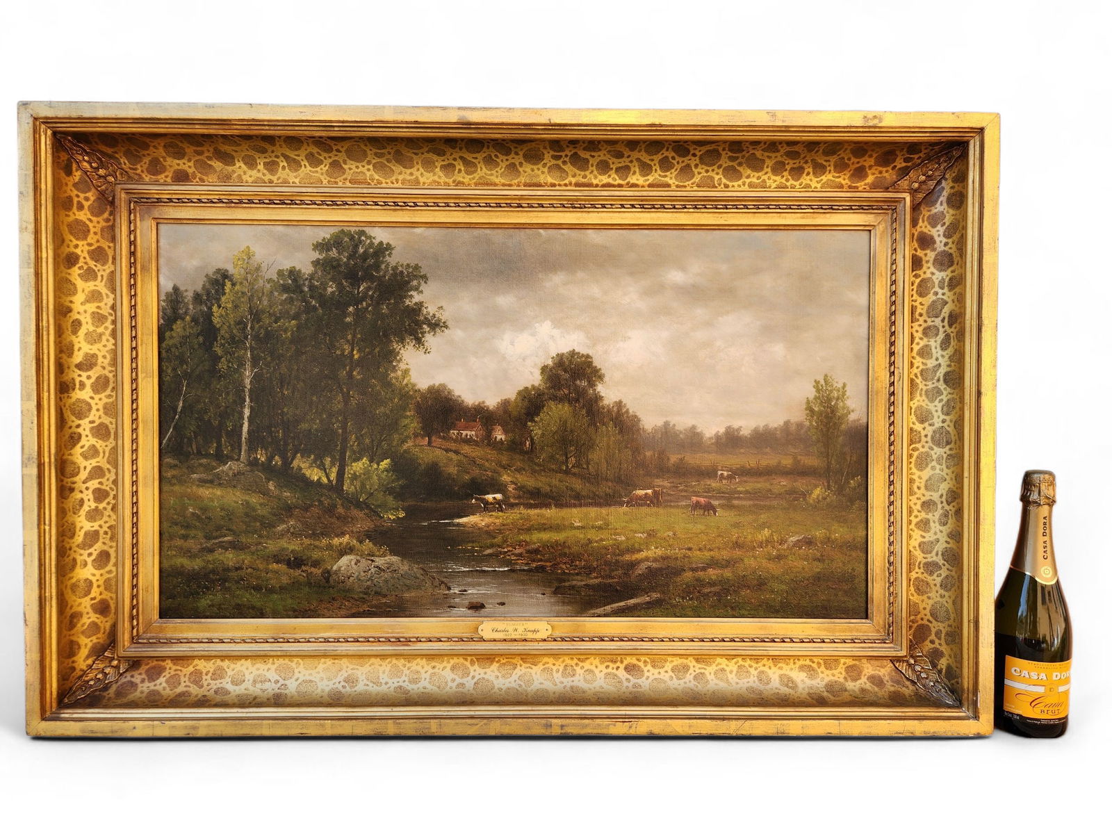CHARLES WILSON KNAPP (Pennsylvania/New York, 1823-1900), "Summer": By Charles W. Knapp. American, 1822-1900. Oil on canvas "Summer". Signed "C. W. Knapp" lower right. Attached plate reads "Summer, Charles W. Knapp, 1822-1900". 19 1/2 x 35 3/8 inches with gold leaf sc