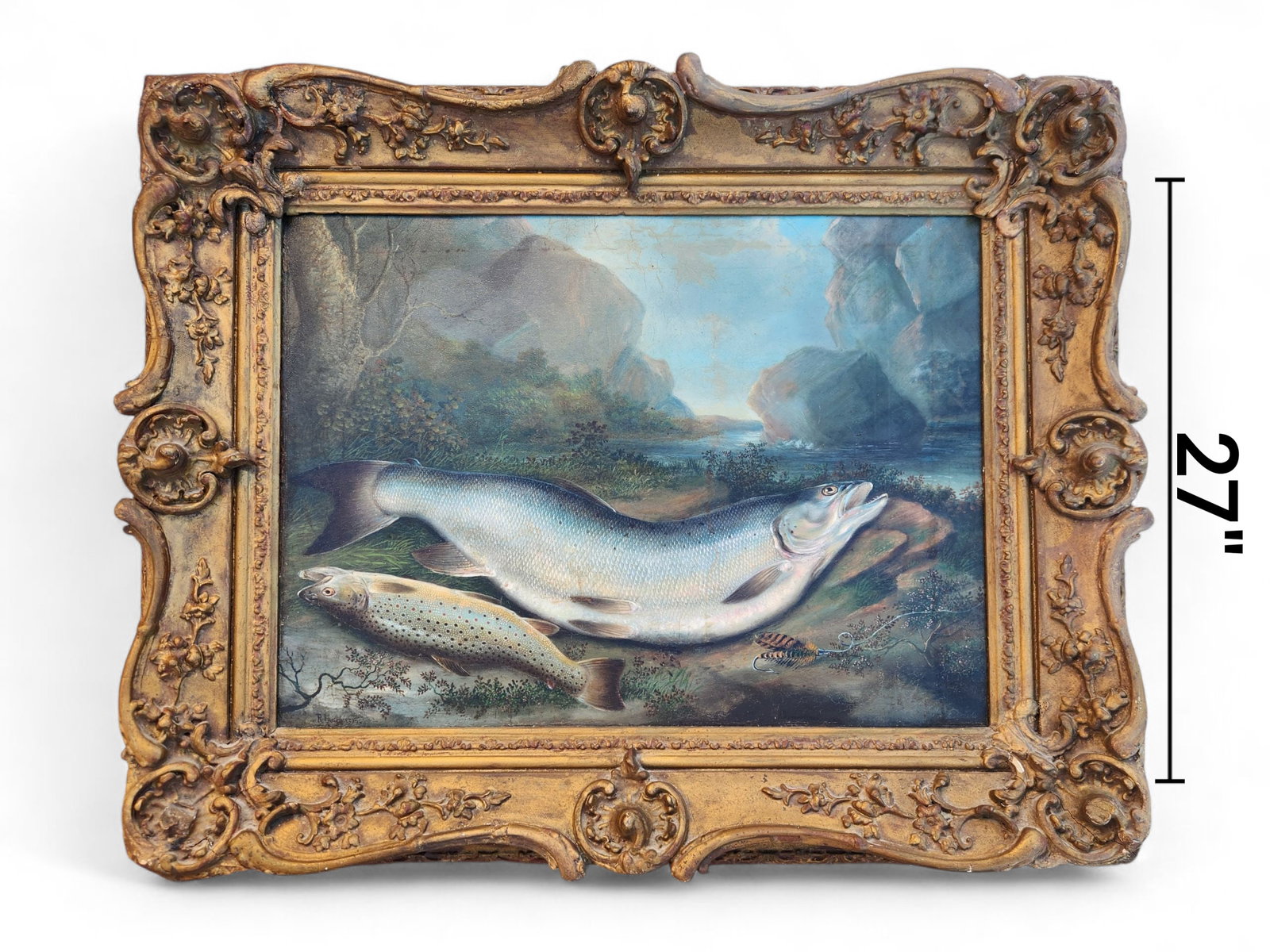R. Hutchinson Still Life Painting Trout & Salmon ,Original Frame: R. Hutchinson (American, early 20th century) Still Life of Salmon and Speckled Trout. oil on canvas, framed, signed Height 27" Width 32" Provenance: Private collection Artist or Maker R. Hutchinson De