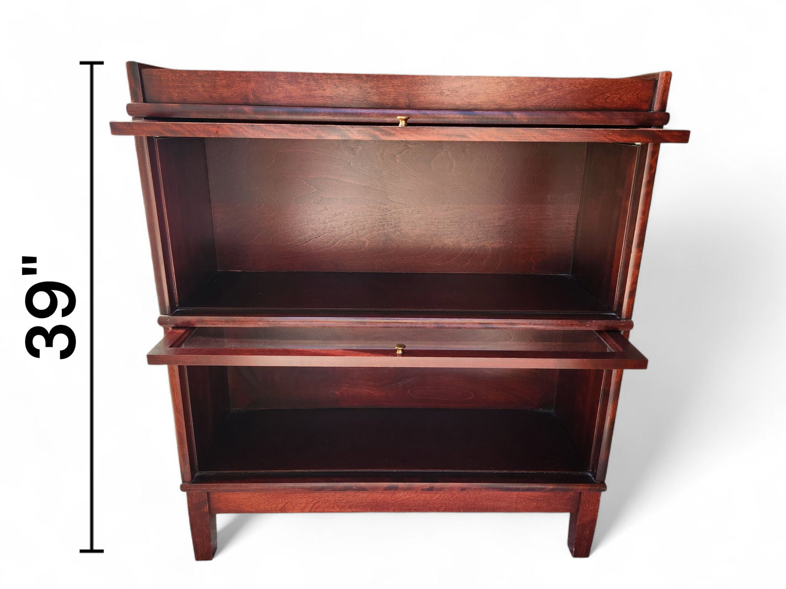 MId Century Lawyers Mahogany Stacking Bookcase: Mid Century Lawyers Mahogany Stacking Bookcase. This is an unmarked marker it does have solid wood throughout even on the back. We believe it to be 1950's Height 39" Width 34" Depth 12"
