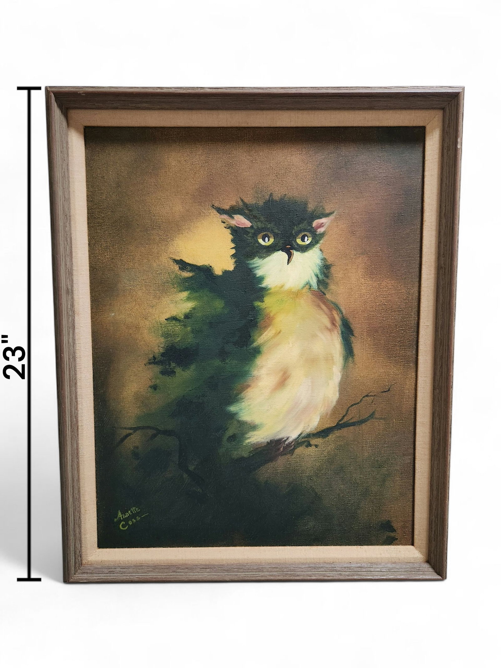 Oil on Canvas Abstract Owl, Signed Annette Coss: Oil on Canvas Abstract Owl, Signed Annette Coss. With a blend of abstract & realism. This wise ol owl has a stoic image. Height 23" Width 19"