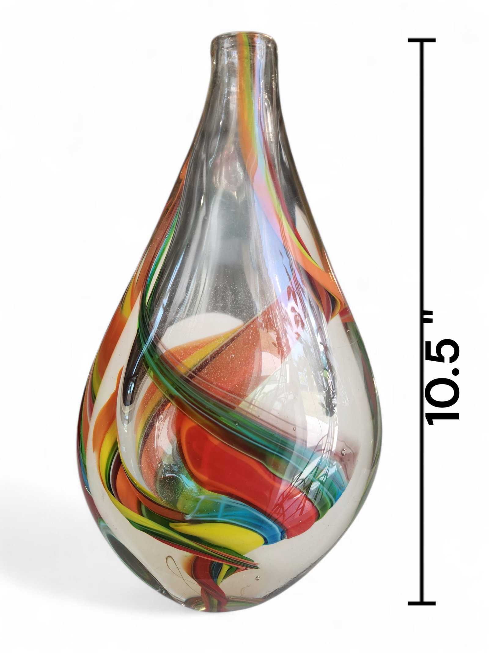 Studio Swirl Art Glass Vase: Studio Swirl Art Glass Vase. With blue's, green's, & orange swirled throughout. This is double blown so very heavy for its size. Height 10.5 Width 6.5"