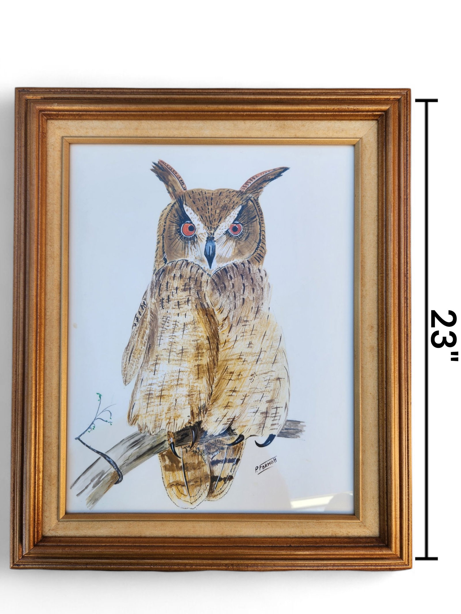 Great Horned Owl Water Color Painting, Signed P. Fornoh: Great Horned Owl Water Color Painting, Signed P. Fornoh. There are a couple of small spots on the paper behind the glass. We think they don't take away from this beautiful watercolor! Crowd Favorite H